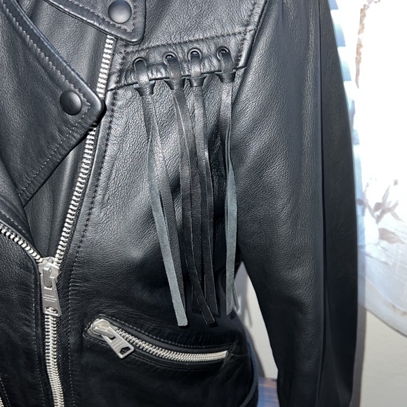 AllSaints Black Tassel Balfern Belted Biker Jacket - Picture 2 of 14